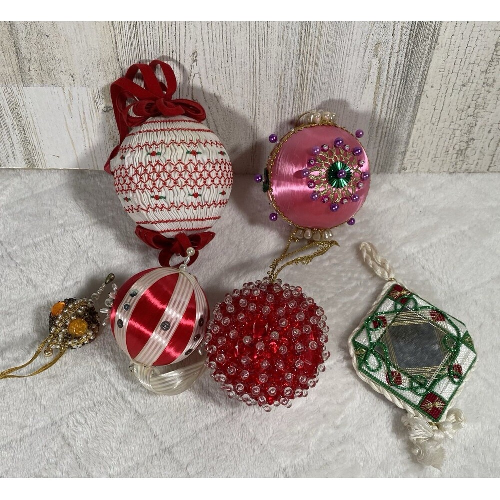 Vintage Christmas Ornaments Set 6 Bright Handmade Satin Sequin Beaded Push Pin
